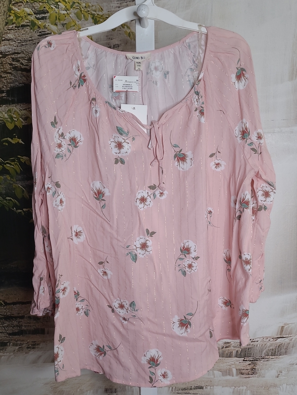 New! Como Blu Womens XL Pink Floral Gold Metallic Stripe Long Sleeve Blouse
